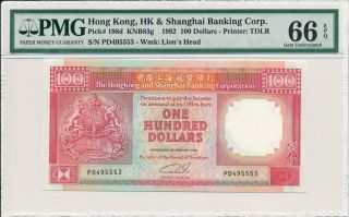 Hong Kong Bank Hong Kong $100 1992 S/no Xx5553 Pmg 66epq