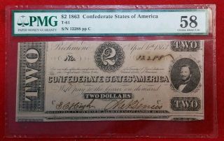 1863 $2 Confederate Banknote Richmond,  Va T - 61 Pmg Choice Au 58 Scarce