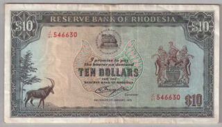 561 - 0062 Rhodesia | Reserve Bank,  10 Dollars,  1979,  Pick 41a,  Vf,