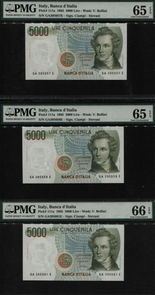 Tt Pk 111a 1985 Italy 5000 Lire " V.  Bellini " Pmg 66 Epq Set Of Three Gem Unc