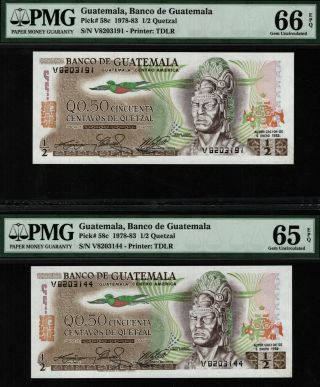 Tt Pk 58c 1978 - 83 Guatemala 1/2 Quetzal Banco De Guatemala Pmg 65 Epq Set Of Two