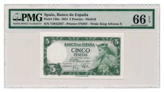 Spain Banknote 5 Pesetas 1954.  Pmg Ms - 66 Epq