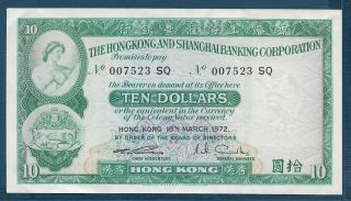 Hong Kong Hsbc 10 Dollars,  1972,  Au