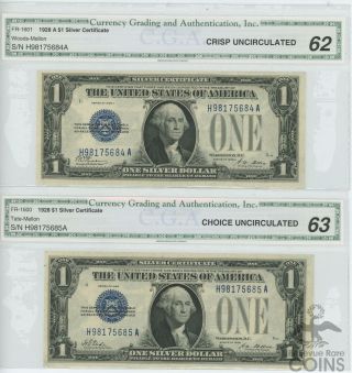 1928 & 1928a United States $1 Silver Certificate " Funny Back " Bank Notes