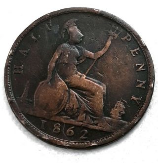 1862 British Half Penny Uk Coin - Great Britain Queen Victoria - Antique
