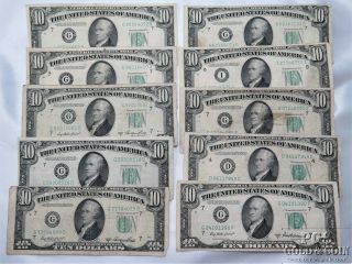 10 1950 - A - B - C $10 Federal Reserve Notes Ten Us Dollars Face Value $100 9309