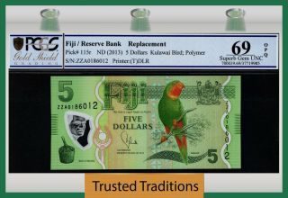 Tt Pk 115r 2013 Fiji Reserve Bank 5 Dollars " Replacement " Pcgs 69 Opq