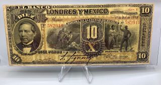 1913 Mexico Paper Money 10 Diez Pesos Banco Londres Crisp Note