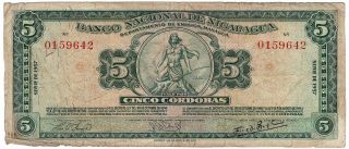 Banco Nacional De Nicaragua 1957 Issue 5 Córdobas Pick 100b Foreign Banknote