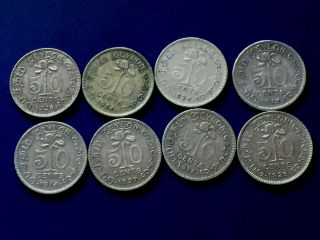 Ceylon Sri Lanka 8 X.  50 Cents Silver Coins
