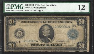 1914 $20 Blue Seal Fr.  1011a San Francisco - Fine Pmg12 Comment Holder