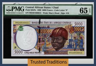 Tt Pk 604pe 1999 Central African States 5000 Francs Pmg 65 Epq Gem Uncirculated