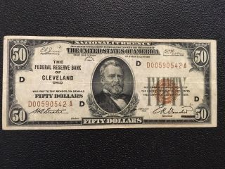 $50.  1929 Cleveland Brown Seal Federal Reserve Bank Note Very Fine
