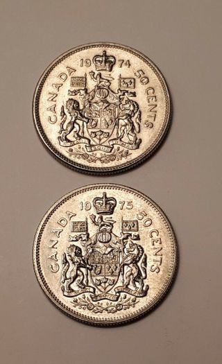 1974 Canada 50 Cents And 1975 Canada 50 Cents Coins (both 100 Nickel)