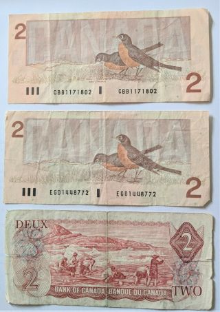 1986 Canadian 2 dollar bill x2 & 1974 2 dollar bill x1 2