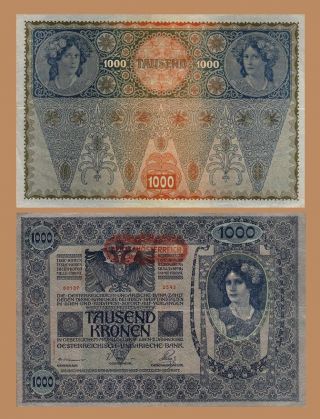 Austria Hungary 1000 Kronen 1919 Avf P - 61 Crisp Banknote Big Size