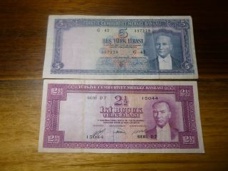 Turkey 2 1/2 And 5 Lira 1930 Banknote Currency