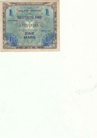 German Nazi Era Germany Military Reichsmark Banknote 1 Mark - 1944