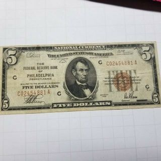 1929 $5 Dollar Bill Brown Seal Bank Note Old Paper Money National Currency
