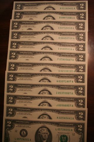 $2 Bills 2003a All 12 Districts Notes From Bep Unc.  Razor Sharp Low Serial 