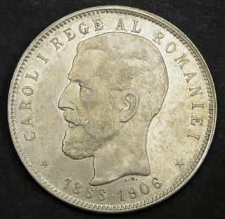 1906,  Kingdom Of Romania,  Carol I.  Silver 5 Lei " 40th Regnal Anniversary " Coin.