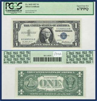 1957 $1 Silver Certificate Dollar Pcgs 67 Ppq Gem Unc Blue Seal Note