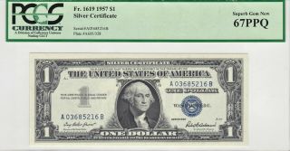 1957 $1 Silver Certificate Dollar PCGS 67 PPQ Gem Unc Blue Seal Note 2