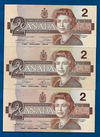 Three 1986 Canada Canadian 2 Two Dollar Bills Notes Crisp Unc