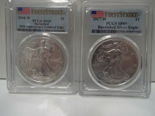 2 Coin Set 2016 W And 2017 Burnished Silver Eagle Pcgs Sp69 - First Strike Label