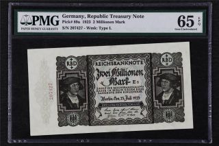1923 Germany Republic Treasury Note 2 Millionen Mark Pick 89a Pmg 65 Epq Gem Unc
