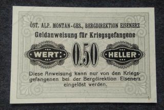 50 Heller Eisenerz Ww1 Austria Hungary Pow Camp Prisoner Of War Note Lagergeld