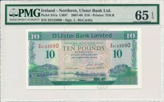 Ulster Bank Ltd.  Ireland - Northern 10 Pounds 2007 Pmg 65epq