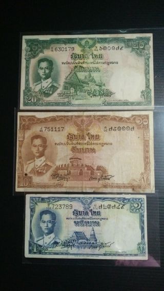 Thailand 1955 King Rama Ix 1 10 20 Baht Total 3notes Signed 37 Extremely Rare