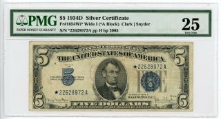 1934 - D Fr.  1654 (wide I) $5 U.  S.  Silver Certificate Star Note - Pmg Vf 25