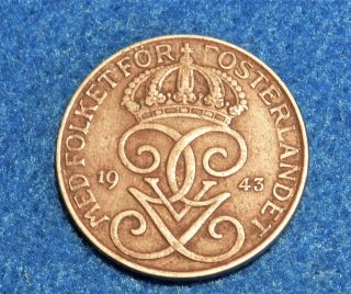 1943 Sweden 5 Ore - Great Iron Coin - Wwii Issue -