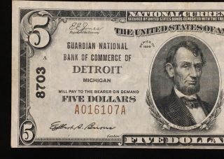 1929 $5 Guardian National Bank Of Commerce Of Detroit Michigan CH.  8703 XF, 2