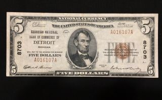 1929 $5 Guardian National Bank Of Commerce Of Detroit Michigan CH.  8703 XF, 3