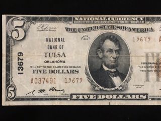 1929 $5 National Bank Of Tulsa Note Tulsa Oklahoma Type 2 Ch.  13679