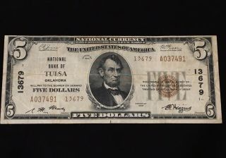 1929 $5 National Bank Of Tulsa Note Tulsa Oklahoma TYPE 2 CH.  13679 3