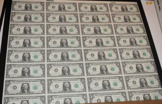 1988 Uncut Sheet Of 32 $1 Dollar San Francisco Federal Reserve Notes Gem Notes
