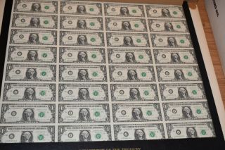 1988 Uncut Sheet Of 32 $1 Dollar Kansas City Federal Reserve Notes Gem Notes
