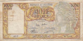 1000 Francs Vg Banknote From French Algeria 1953 Pick - 107