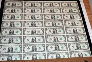 1988 Uncut Sheet Of 32 $1 Dollar Chicago Federal Reserve Notes Gem Notes