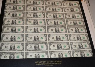 1988 Uncut Sheet Of 32 $1 Dollar Cleveland Federal Reserve Notes Gem Notes