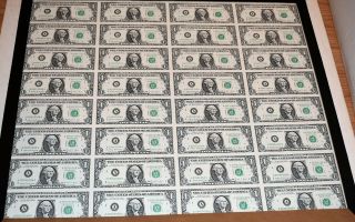 1988 Uncut Sheet Of 32 $1 Dollar Boston Federal Reserve Notes Gem Notes