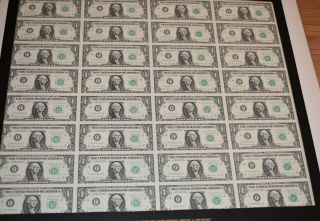 1988 Uncut Sheet Of 32 $1 Dollar Atlanta Federal Reserve Notes Gem Notes