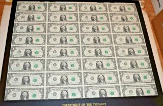 1981 Uncut Sheet Of 32 $1 Dollar Cleveland Federal Reserve Notes Gem Notes