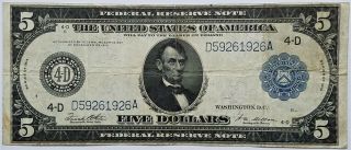 1914 Series $5 Five Dollar Federal Reserve Large Note Cleveland White | Mellon