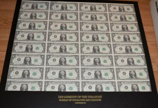 1988 Uncut Sheet Of 32 $1 Dollar York Federal Reserve Notes Gem Notes