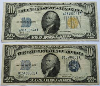 Two 1934 A $10 Silver Certificates,  Yellow And Blue Seal Hamilton Notes (181715k